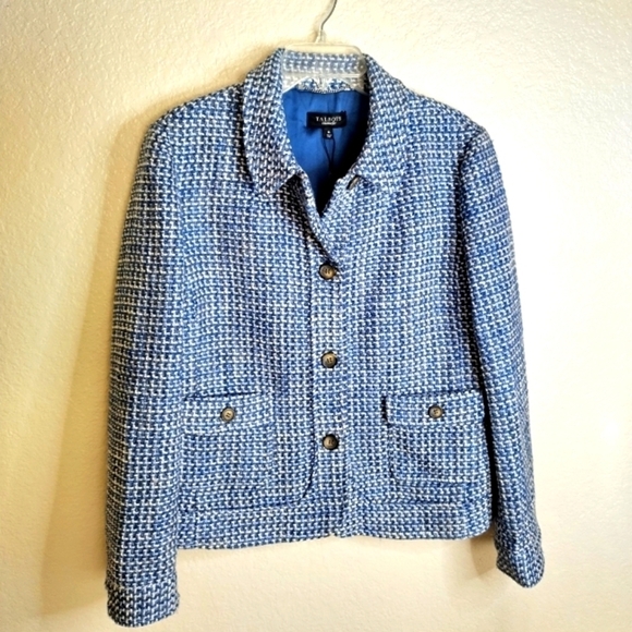 Talbots Blue Tweed Jacket Blazer Coat White Gray Lined Winter Fall sz 16 - Picture 1 of 8